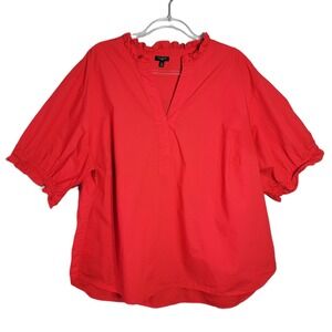 Talbots Plus Red Ruffle Collar V Neck Short Sleeve Cotton Casual Top 3X